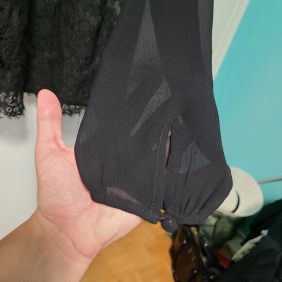 Forever 21 Black High Neck Lace Sheer See-Through Flounce Sleeve Blouse Shirt M - Picture 7 of 14